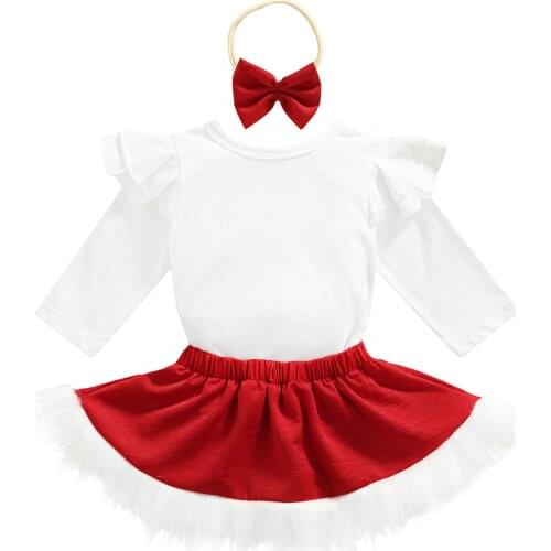 3Pcs Baby Christmas Outfit Solid Color Long Sleeve Romper + Fluffy Skirt + Headband for Toddler Girls,0-24 Months