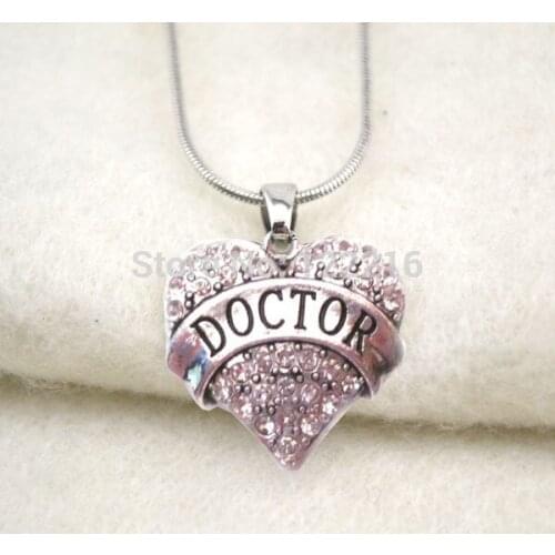 A1121 40pcs a lot hot sale rhodium plated romantic DOCTOR crystal heart pendant with snake chain necklace
