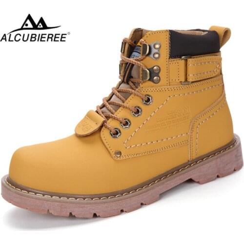 ALCUBIEREE Genuine Leather Men Winter Boot Mens Lace-up Warm Ankle Boots Fashion Men Motorcycles Boots Ankle Botas Big Size 46