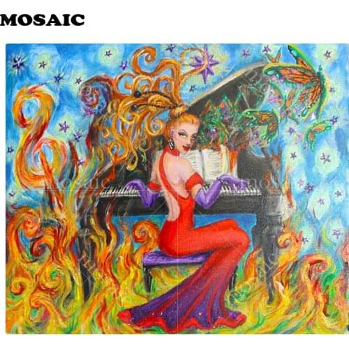 5D Diy Diamond painting Cross stitch Girl Playing Burning Piano Diamond embroidery Pianist Full square Diamond mosaic art B368