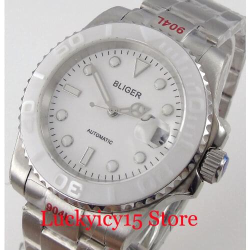 BLIGER NH35A White Fashion Selfwinding Men Watch SUB 40mm Case Oyster Bracelet Luminous Idexes Solid Back