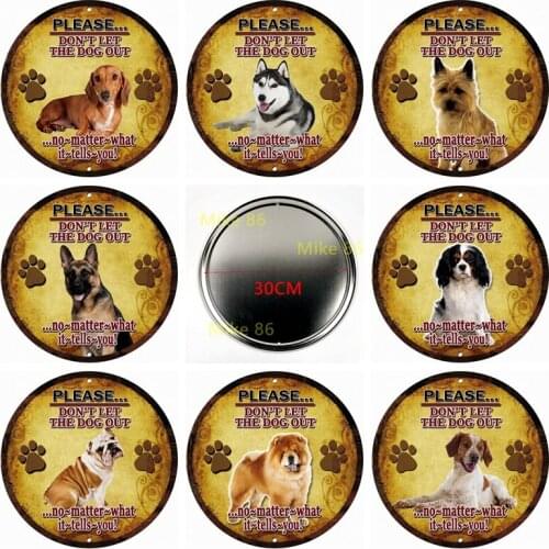 [ Decorman ] Dog Husky Chihuahua Chow Chow Bulldog Tin Sign Vintage Fast Food Round Painting Gift art Bar Decoration R-002 30 CM