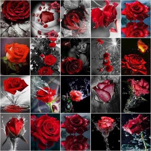 GATYZTORY Pictures By Numbers Red Rose Flowers HandPainted Drawing Canvas Coloring Kits DIY Home Decoration Oil Painting Gift