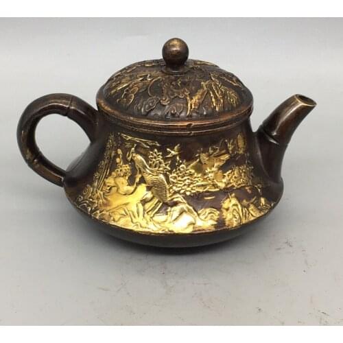 Chinese old Bronze Gilt Crane teapot Antique collection pot 13*9cm