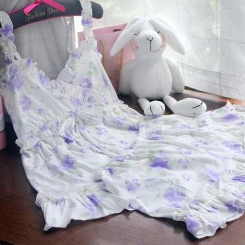 Summer Cotton Pajama Set Womens Sexy Spaghetti Strap 2 Piece Set Sleeveless Shorts Pijamas Cute Pastoral Ruffles Sexy Nightwear