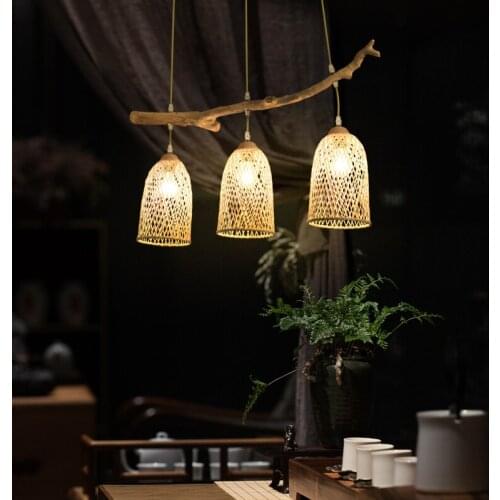 New Chinese style chandelier Zen tea house restaurant Japanese solid wood personalized dining table creative bamboo lamp