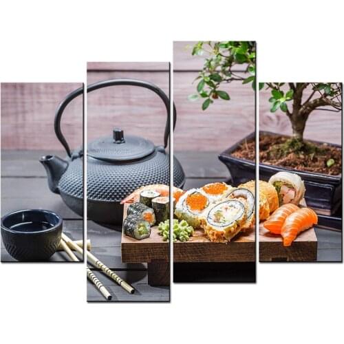Food Paintings Wall Art Japanese Cuisine Delicious Sushi and Japanese Tea 4 Panel Picture Print on Canvas Drop shipping