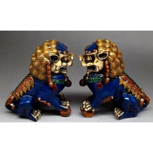Excellent China A pair lion 4.7“ Brass Enamel Guardian Lion Foo Fu Dog Statue carving Statue