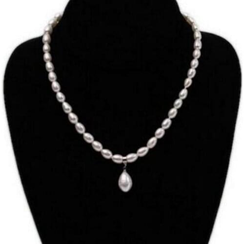 Fashion jewelry Free Shippin Details about Natural 7-9mm White Rice Freshwater Pearl Necklace with Pearl Pendant Choker 17"