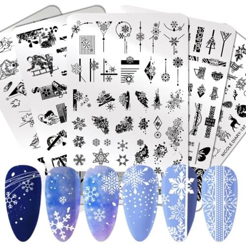 NICOLE DIARY Snowflake Nail Stamping Plates Christmas Xmas Stainless Steel Stamp Template For Printing Stencil Tools