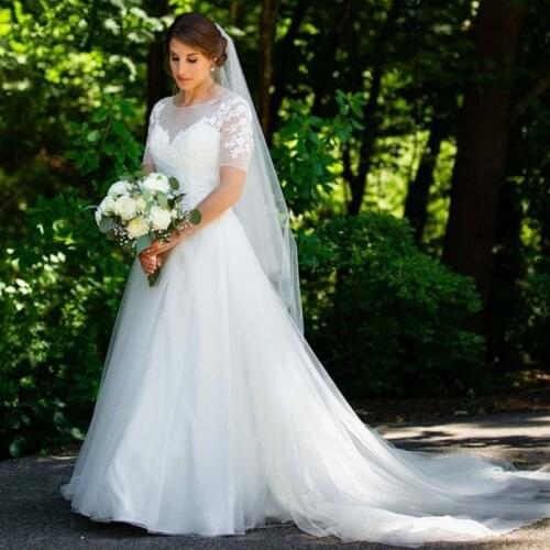 White ivory Simple Lace Applique Wedding Dresses O-collar Half Sleeve Tulle Lace Up Bridal Wedding Dresses Custom Size