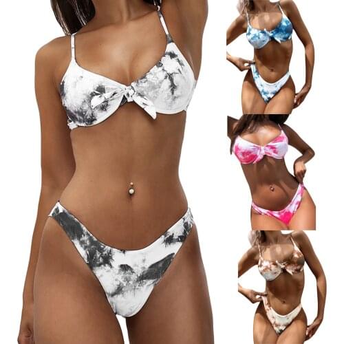 Two Piece Tie Dye Swimwear Womens 2Pcs Bikini Suit Low Neck Back Lace-up Tank Tops with Triangle Bottoms for Beach/Swimming