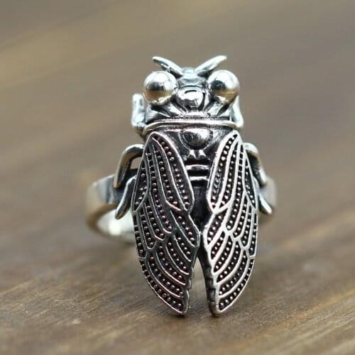 Carved retro cicada opening ring Thai silver ornaments do old men and women with cicadas 925 sterling silver ring