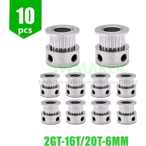 SWMAKER 10pc 2GT 20T/GT2 16T Aluminum Alloy Timing Pulley for 3D Printer 6mm Width Belt 5/8mm bore