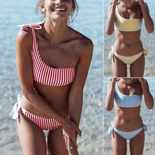 Sexy Womens Sexy Striped Printed Brazilian One Shoulder Push up Bikini Plus size Swimsuits Two Pieces Swimwear Beachwear