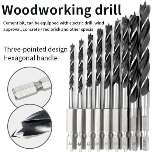 Hexagonal shank three-point woodworking drill bit perforating support drill electric drill rotary head wood plank hole special