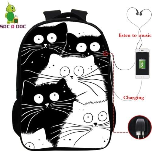 New Design Cartoon School Bags Animal Children Backpack Cute Women Cat Print USB Charge Backpack School Bags for Girls Rucksack