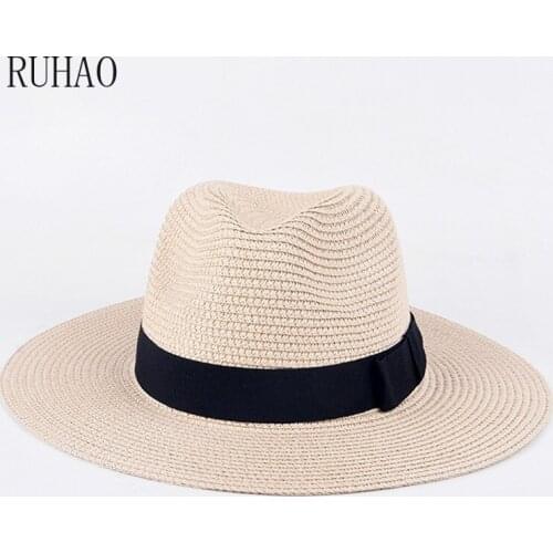 RUHAO Summer female dress visors hat white flat brim wide brim womens straw hat Men jazz fedoras sun-shading hat beach cap