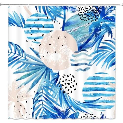 Blue Watercolor Leaf Shower Curtains Coconut Tree Green Plant Leaves Pattern Bathroom Decor Waterproof Polyester Curtain Set