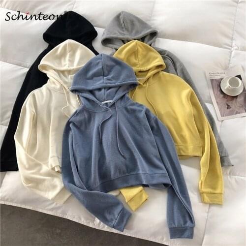 Schinteon Women Solid Color Hoodies Casual Sweatshirt Pullover O-Neck Spring Short Top with Hood New 5 Colors