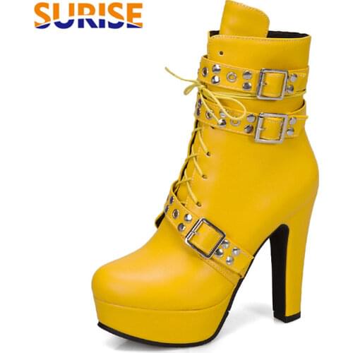 Plus Size Women Platform Ankle Boots Red Yellow High Chunky Heels Party Lady Round Toe Rivet Buckle Zipper Punk Motorcycle Boots