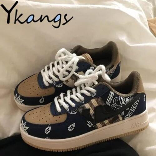 Cashew Flower Stitching Upper Lace-up Womens Sneakers Korean Style Low-cut Ladies Vulcanized Shoes Outdoor Leisure Flat Shoes