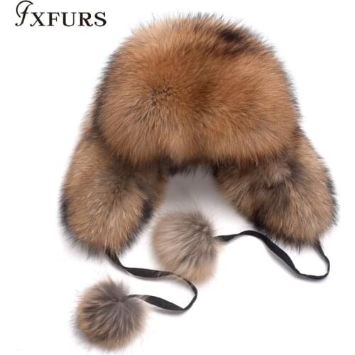 2020 Women Genuine Fox Fur Hats Whole SKin Real Fur Caps Winter Warm Raccoon Russian Ushanka Hats Earmuffs Hats Ladies Snow Caps