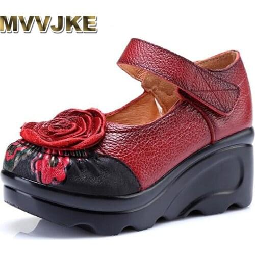 MVVJKE Women Pumps Fashion Flower 7cm Thick Sole Ladies Handmade Shoes Vintage Women Genuine Leather Shoes Woman Pumps