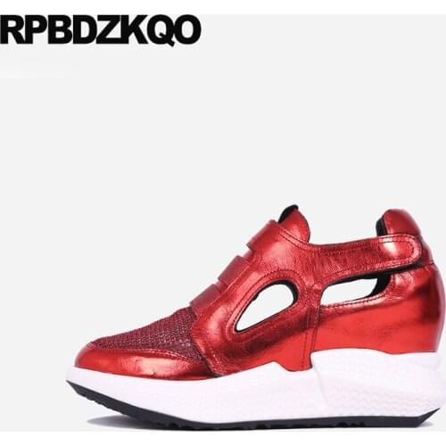 White wedge shoes metallic size 4 34 brand hidden round toe red genuine leather increase mesh 3 inch 2019 women pumps high heels