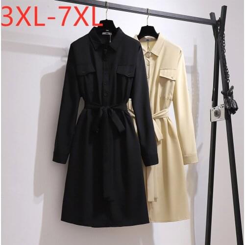 New 2020 autumn winter plus size shirt dress for women large loose long sleeve black khaki belt button dress 3XL 4XL 5XL 6XL 7XL
