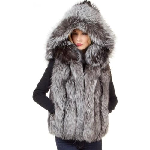 Winter ladies natural silver fox fur hooded vest 100% real fox fur vest, warm and fashionable Russian street style