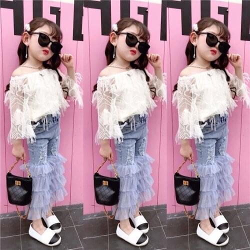 Autumn Spring girls 2 pcs set kids blouse + denim pants baby suit set shoulderless ripped mesh layered flare pants 1 to 6 yrs