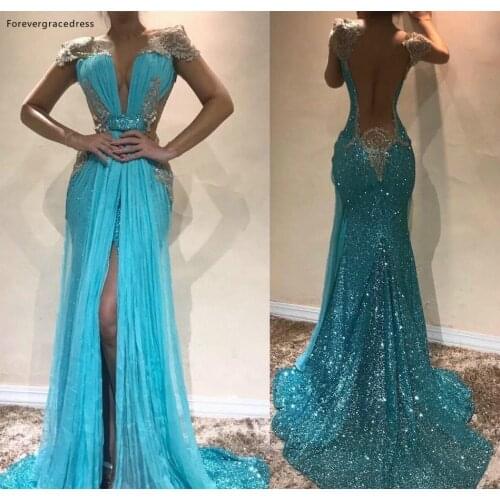 2019 Cheap Long Evening Dress Dubai Front Split Open Back Sequined Holiday Women Wear Formal Party Prom Gown Custom Made