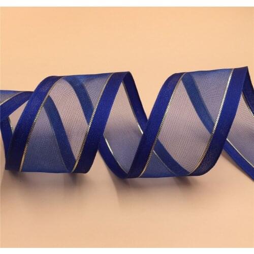 N1056 38mm X 25yards Lurex Lines Royal Blue Wired Satin Edge Organza Ribbon. Gift Bow,Wedding,Cake Wrap,Tree Decoration,Wreath