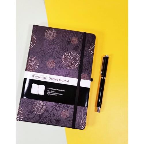 A5 160gsm Dotted Grid Bullet Travel Journal Black Floral Hardcover Elastic Band Planner Diary