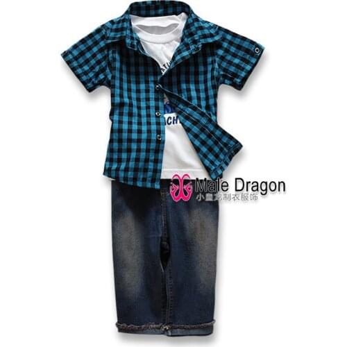 Childrens Clothing Boys Summer Style Tiny Cottons New Clothes Shortsleeve Plaid Set Kid Denim Set gloria+jeans 3 Pcs