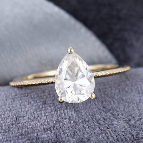 EDI Solitaire Ring 14k Rose Yellow White Gold 1ct Pear Cut Lab Grown Moissanites Engagement Wedding Ring Bead Side Jewelry Gift