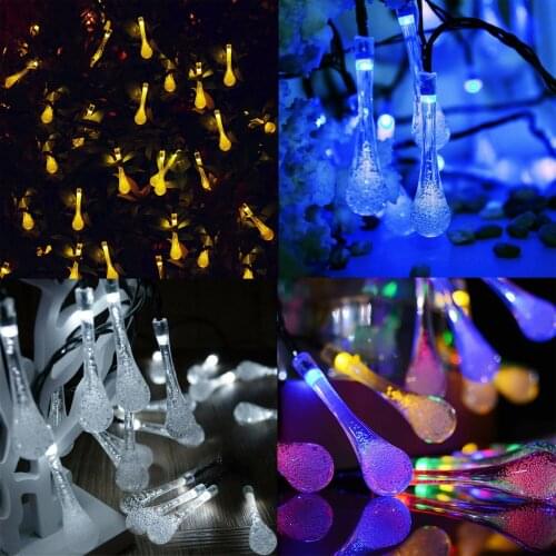 20/30/50 LED Raindrop Water Drop Fariy Light Garland Holiday String Light Solar Powered Multicolor Christmas Tree Crystal Lamp