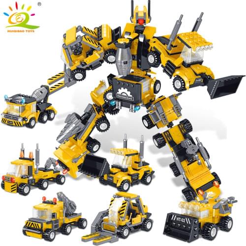 HUIQIBAO 6in1 718PCS Engineering Transformation Mecha Building Block City Truck Car Robot Construction Bricks Toys For Children