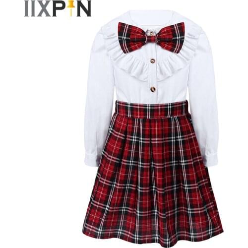 Kids Girls British Style Japanese School Uniforms Cosplay Student Cheerleader Costume Cotton Shirt Pleated Skirt Tieknot Sets