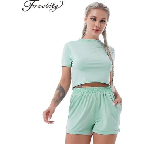 Two Pieces Casual Running Set Women Summer Sports Suit Gym Workout Tracksuit Cropped T-shirt and Shorts Fitness Suits Sportswear