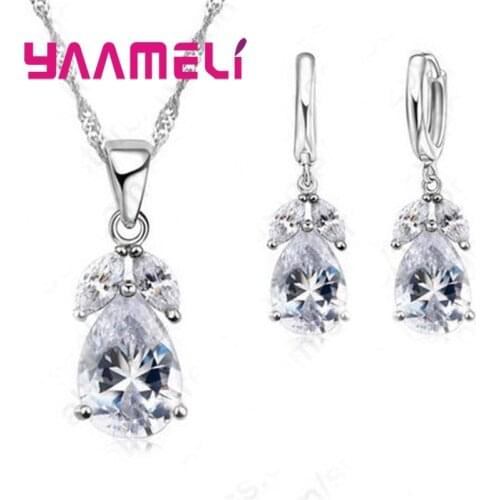 925 Sterling Silver Necklace Earrings Set Water Drop Modeling Embellished With Leaves White Crystal Stone For Women