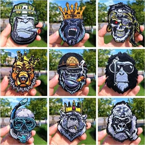 Prajna Punk Skull Orangutan Patches King Bear Dog Embroidered Patches For Clothing DIY Iron On Patches Stripes On Jacket Clothes