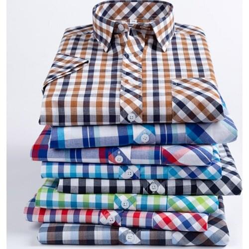 2021 New Arrival Fashion Summer Thin Short Sleeve Pure Cotton Plaid Loose Large Male Dress Shirts Smart Casual Plus Size M-8XL