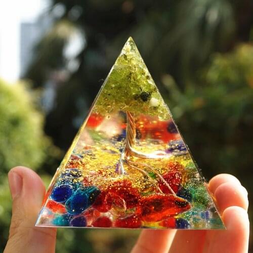 Handmade Orgonite Pyramid 60mm Tree of Life Peridot Rainbow Fluorite Crystal Stone Orgone Reiki Energy Healing Meditation Orgone