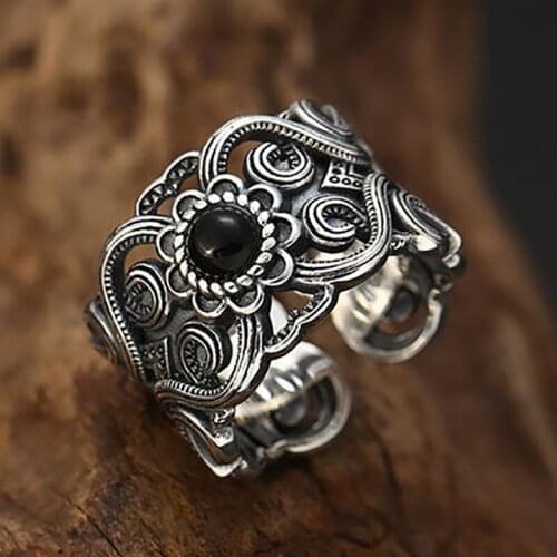 Original hollow pattern open ring designer craft Black Agate Stone elegant charm Thai silver womens jewelry
