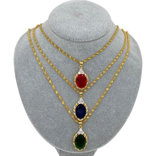 24k Gold Cubic Zircon Heart Waterdrop Shaped Pendant Jewelry Round Red Blue Green Rhinestone Pendant Necklace for Women Girls