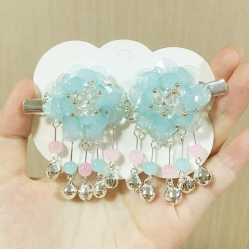 2pcs/Set Hot Sale Hanfu Blue Hair Clips Girls Resin Flower Crystal Hairpins For Lovely Children Hair Band Hair Accessories