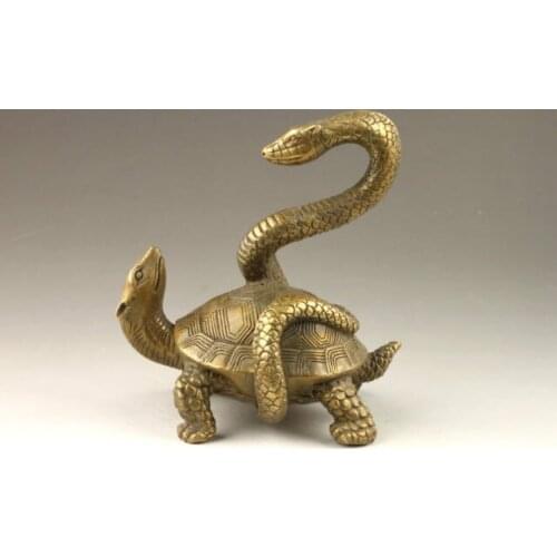 Elaborate Chinese Collectible Decorated Old Handwork Copper Snake Turtle Auspicious Statue