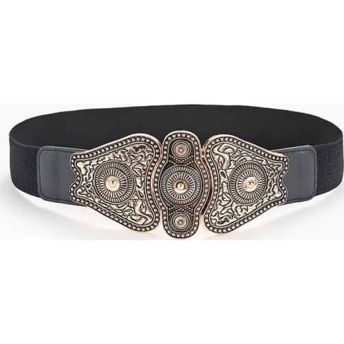 New Court Carved Buckle Retro Belt Women Fashion Pu Stretch Wide Belts Female Dress Brand Design Waistband 2021